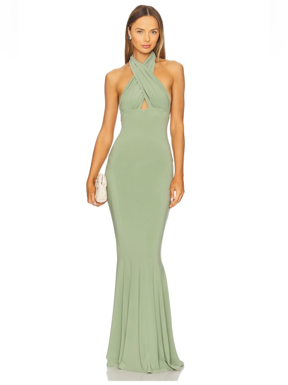 Cross Halter Fishtail Gown in Vintage Green